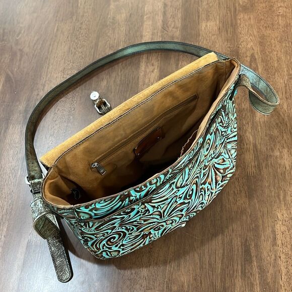 Patricia Nash Rosolini Tooled Leather Saddle Bag Turquoise Brown Crossbody Boho - Picture 16 of 16